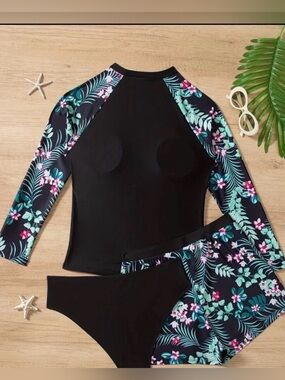 🆕 Floral Long Sleeve Rash Guard Set - Black with Teal & Pink Print